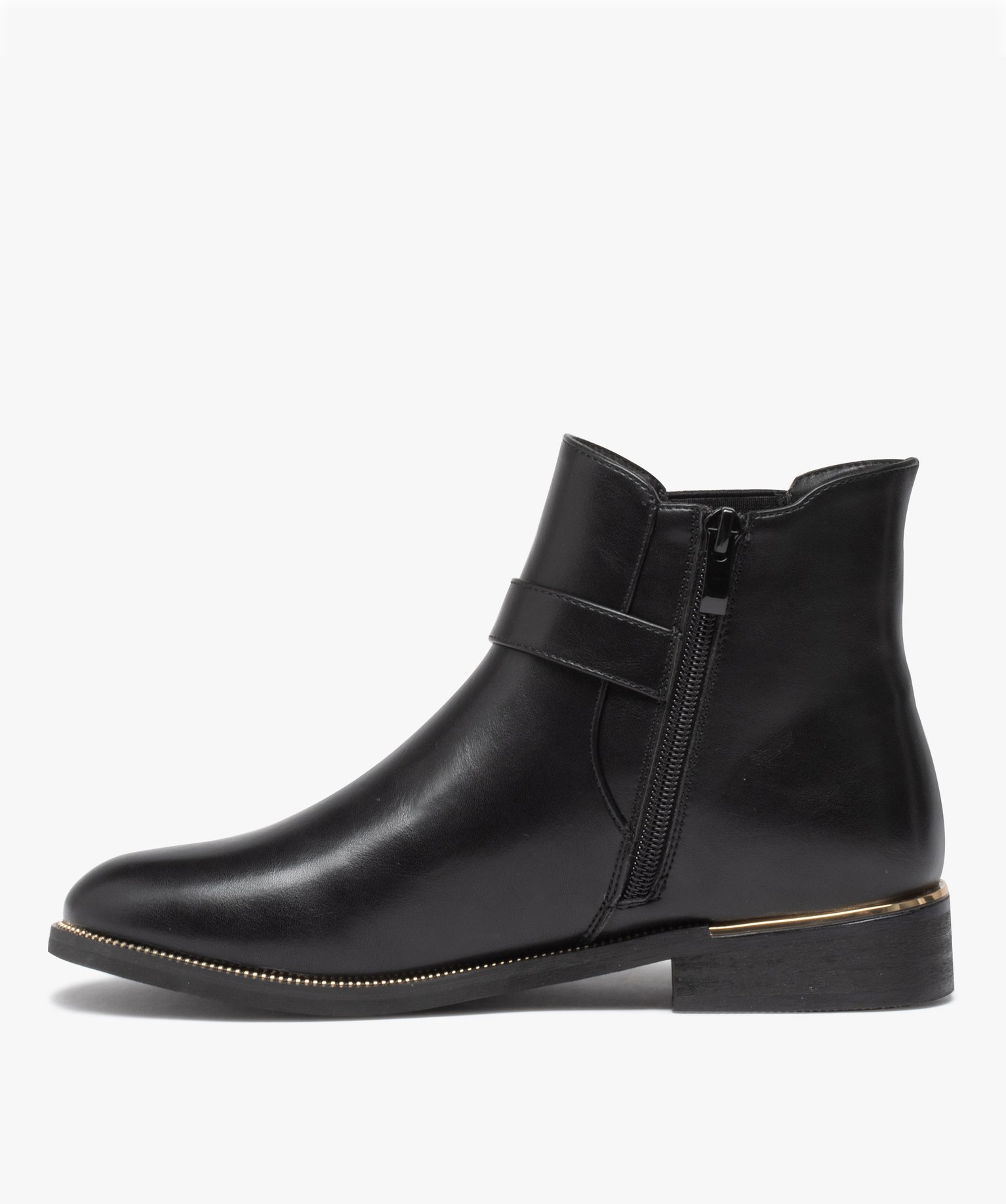 Boots femme unies à talon plat et chaine métallique noir | GEMO