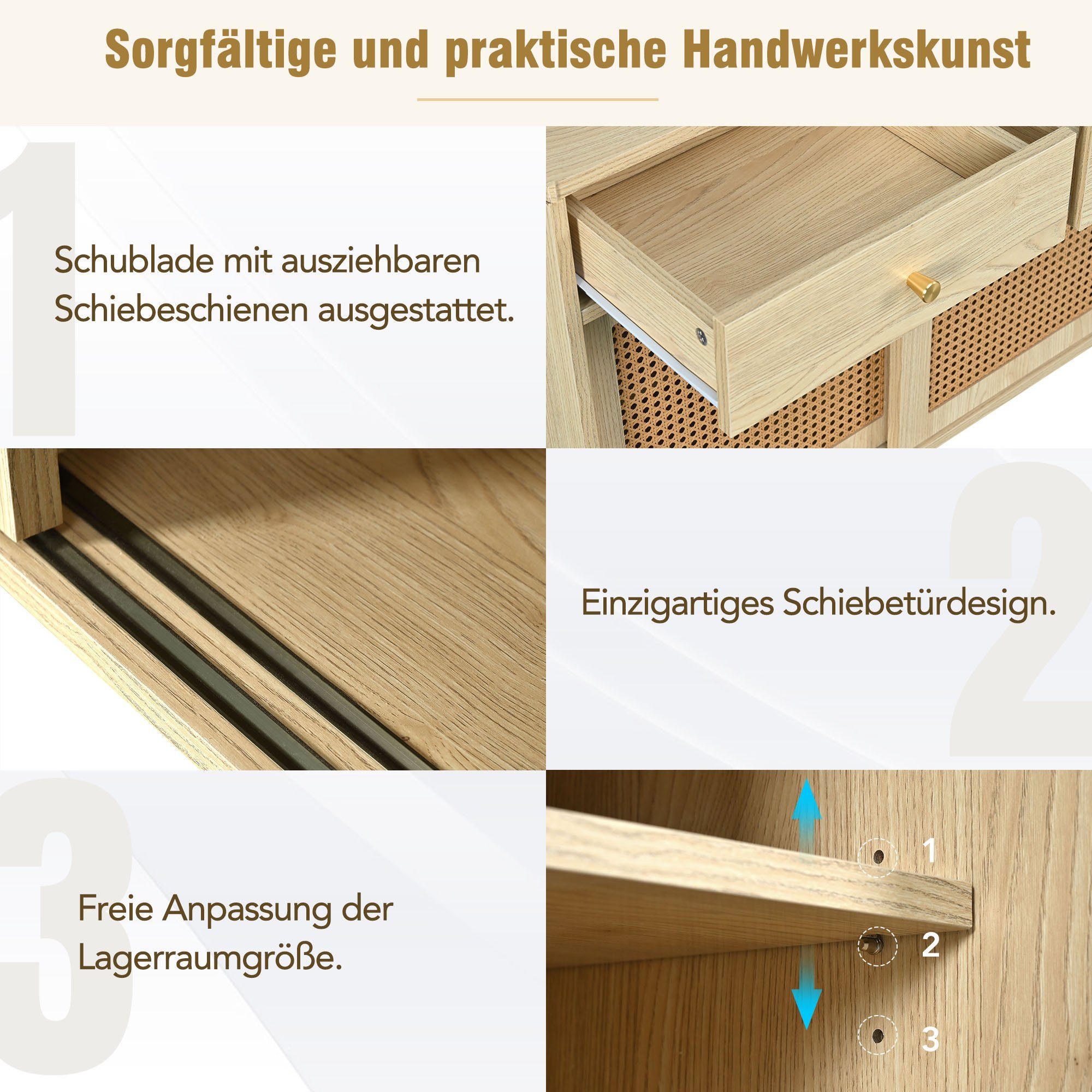 REDOM Sideboard Kommode (verstellbare Ablagen), mit 3 Schubladen und 3 Schiebetüren, 120x 40x78cm