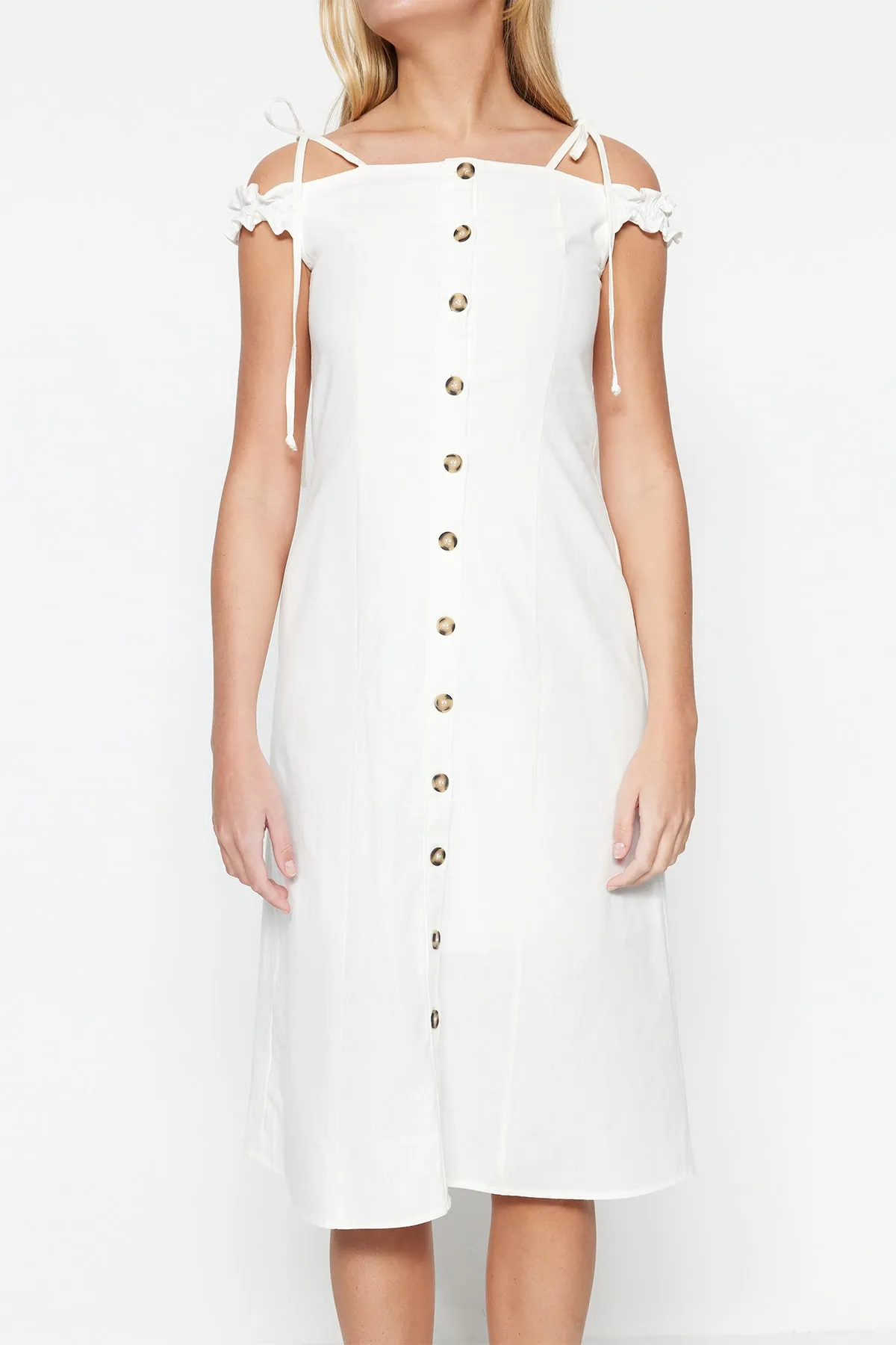 Trendyol Collection  Ecru Tall A-Cut Midi Woven Carmen Collar Woven Dress TWOSS22EL00357