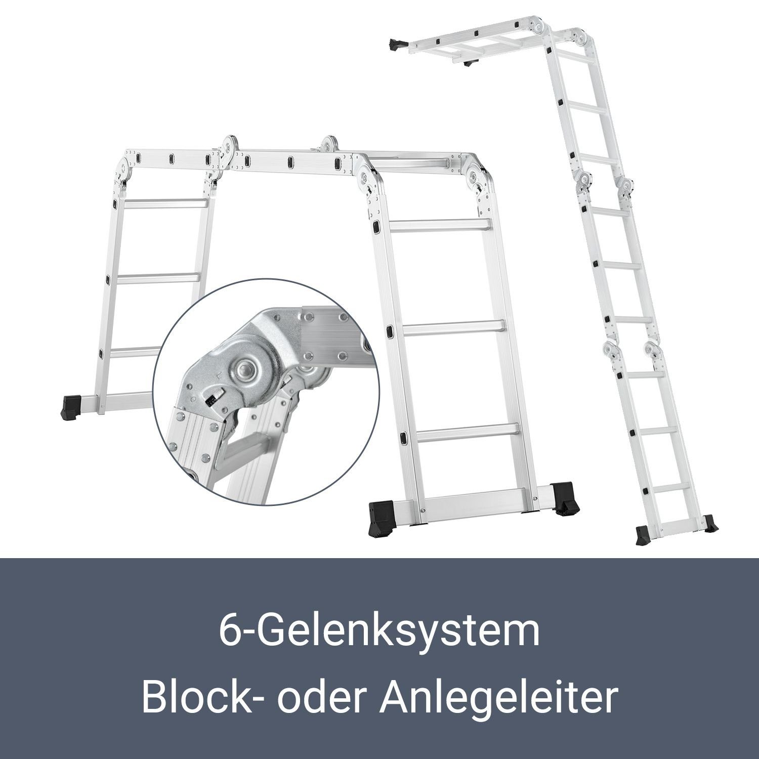 Juskys Vielzweckleiter Multifunktionsleiter, gummierte Standfüße, Gelenksystem, rutschfeste Trittfläche