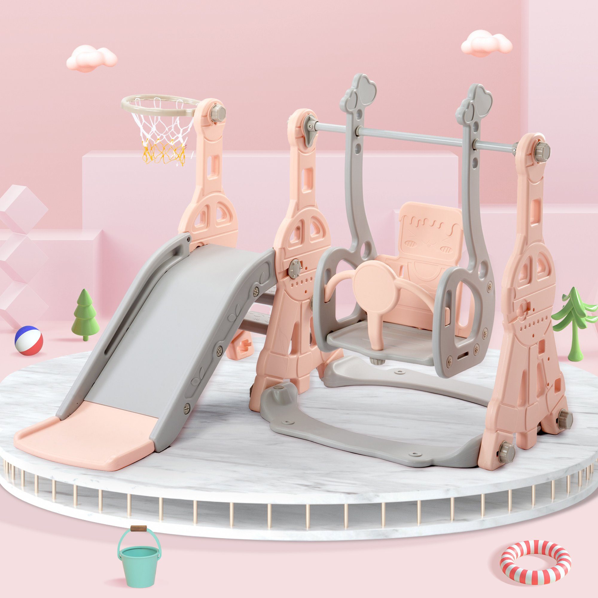REDOM Indoor-Rutsche 4 in 1 Rutsche Kinderrutsche Fun-Slide Schaukel mit Basketballkorb, (Schaukel Rutsche Gartenrutsche mit Rutschbahn), für 1-6 Jahre Kinder Indoor & Outdoor