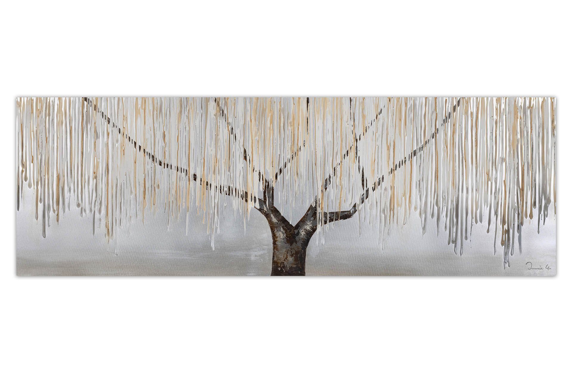 KUNSTLOFT Gemälde Trauerweide im Nebel 150x50 cm, Leinwandbild 100% HANDGEMALT Wandbild Wohnzimmer