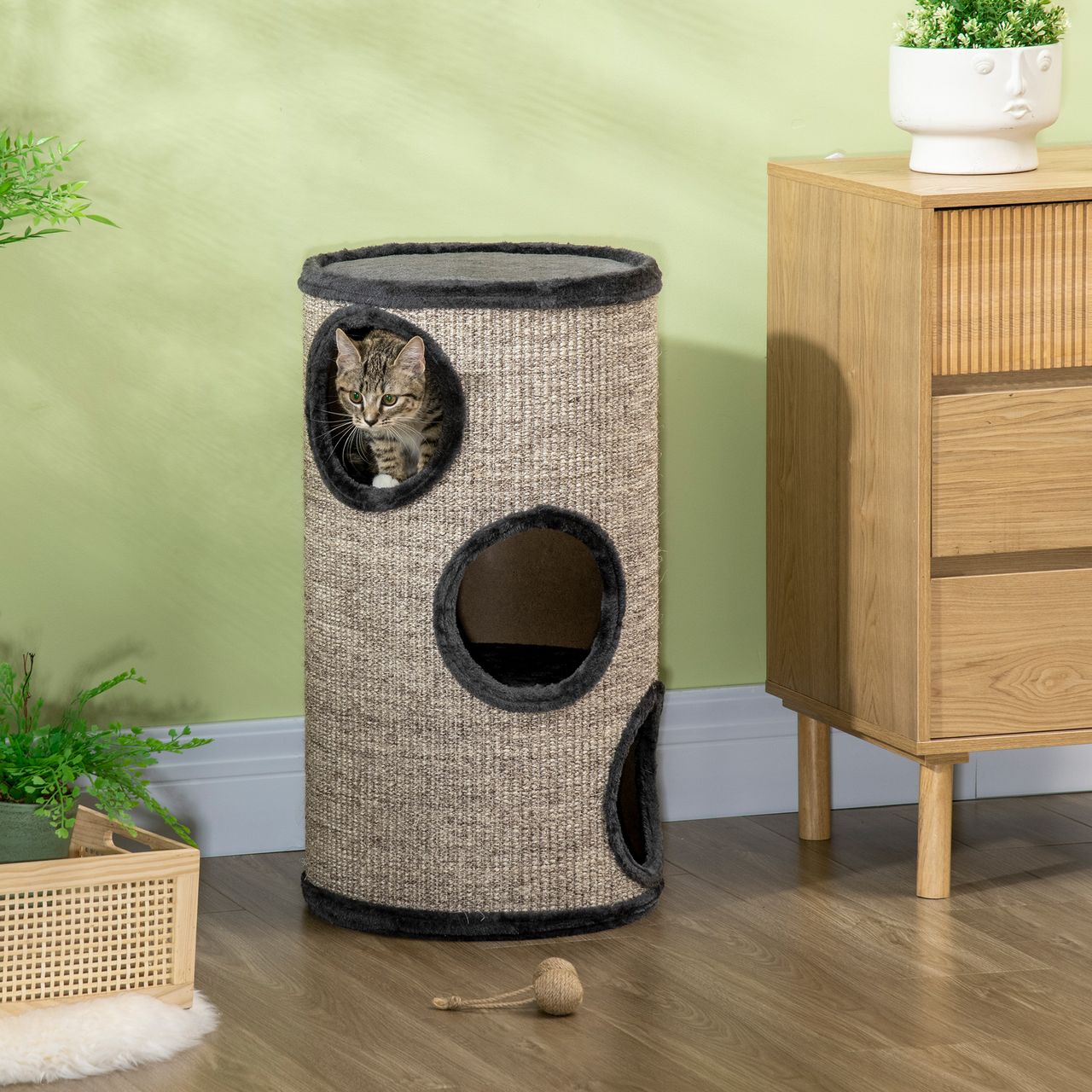 PawHut Kratztonne, Katzenkratzbaum mit 3 Höhlen, Spieltonne für Katzen, Grau