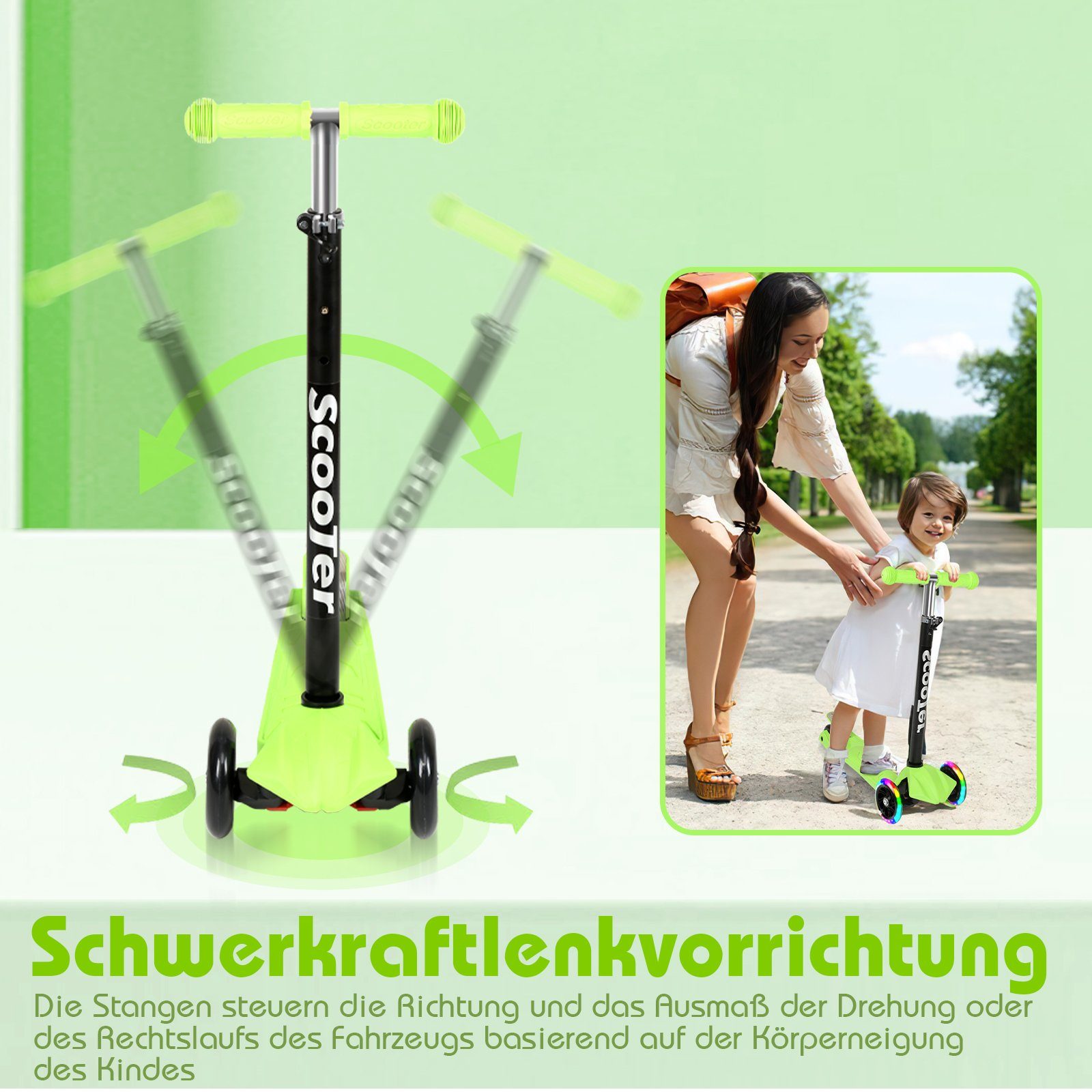 Clanmacy Scooter Kinderroller Tretroller Cityroller LED Räder Höhenverstellbar Grün
