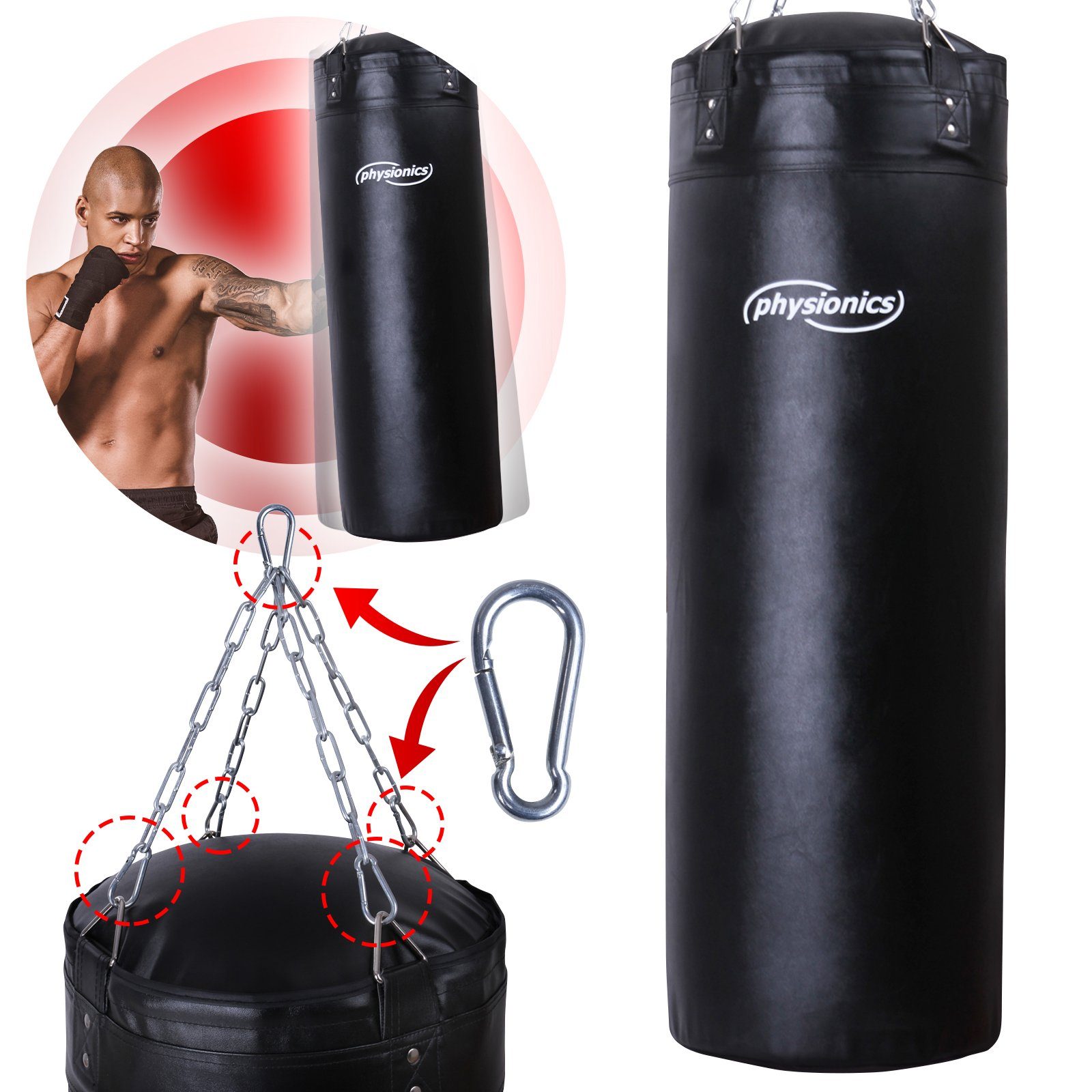 Physionics Boxsack Erwachsene 30kg Gefüllt Sandsack 120cm Punching Bag Halterung