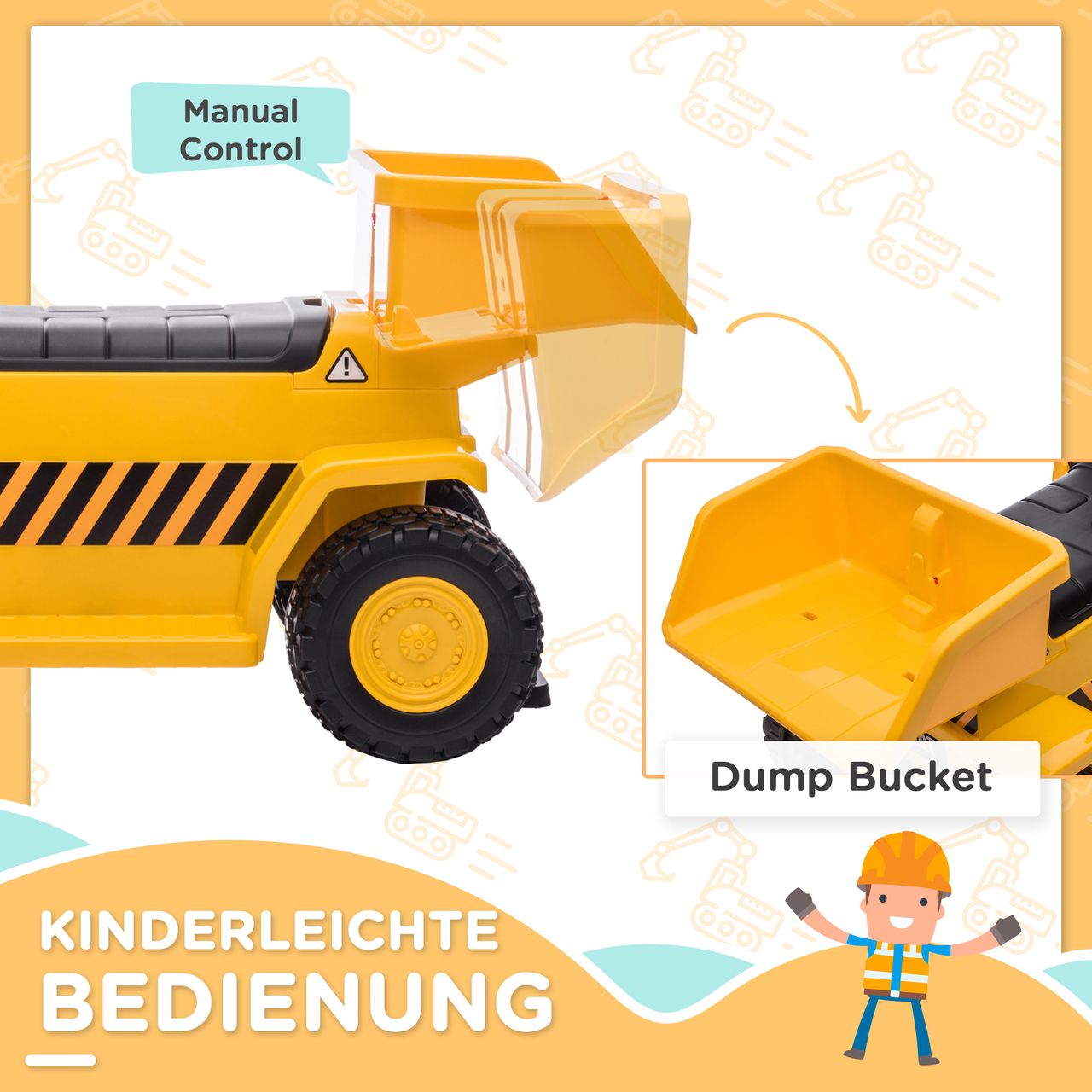 HOMCOM Elektro Kindertraktor mit kippbarer Ladefläche, max. 3 km/h Metall Gelb