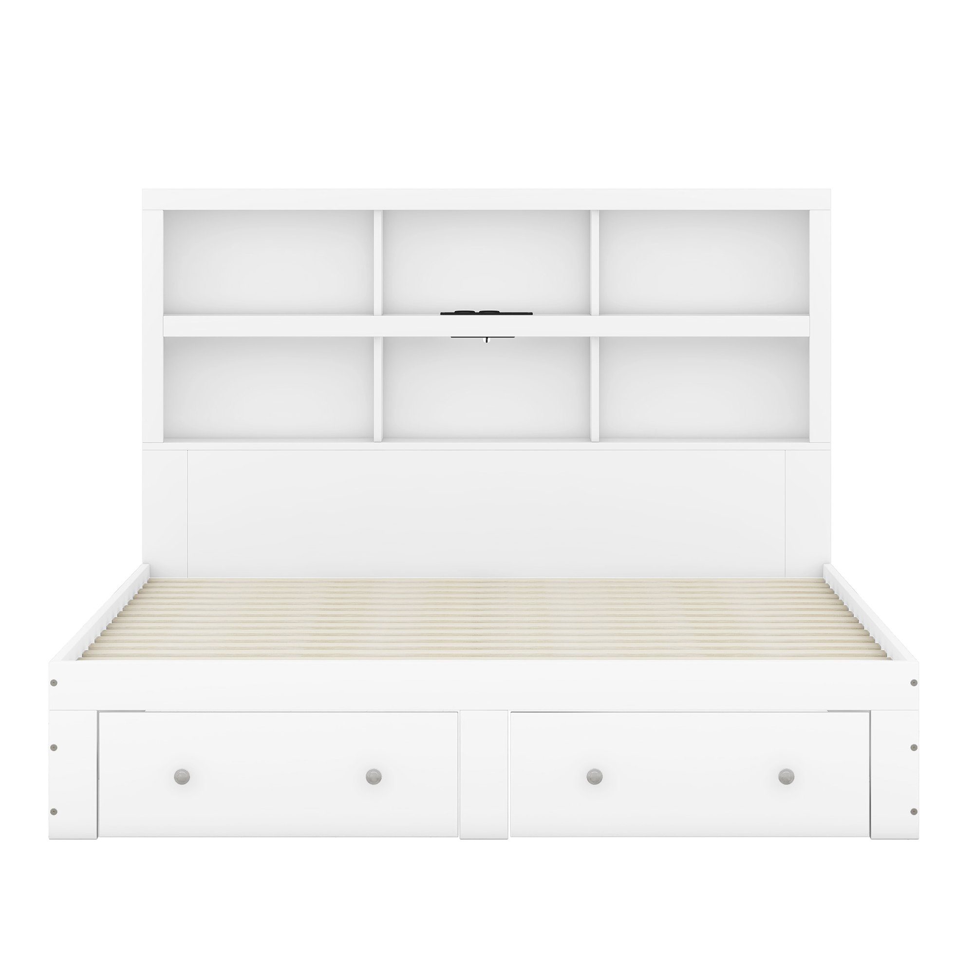 HAUSS SPLOE Holzbett Doppelbett Bettgestell Kinderbett Gästebett (Holzbett mit zwei Schubladen und Kopfteil mit Lagerregal), 160*200cm, Weiß