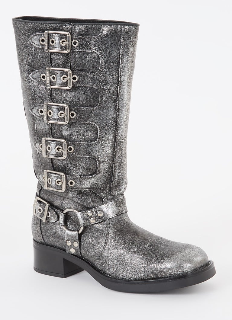 Ghete de motocicletă Steve Madden Battle din piele cu finisaj metalic