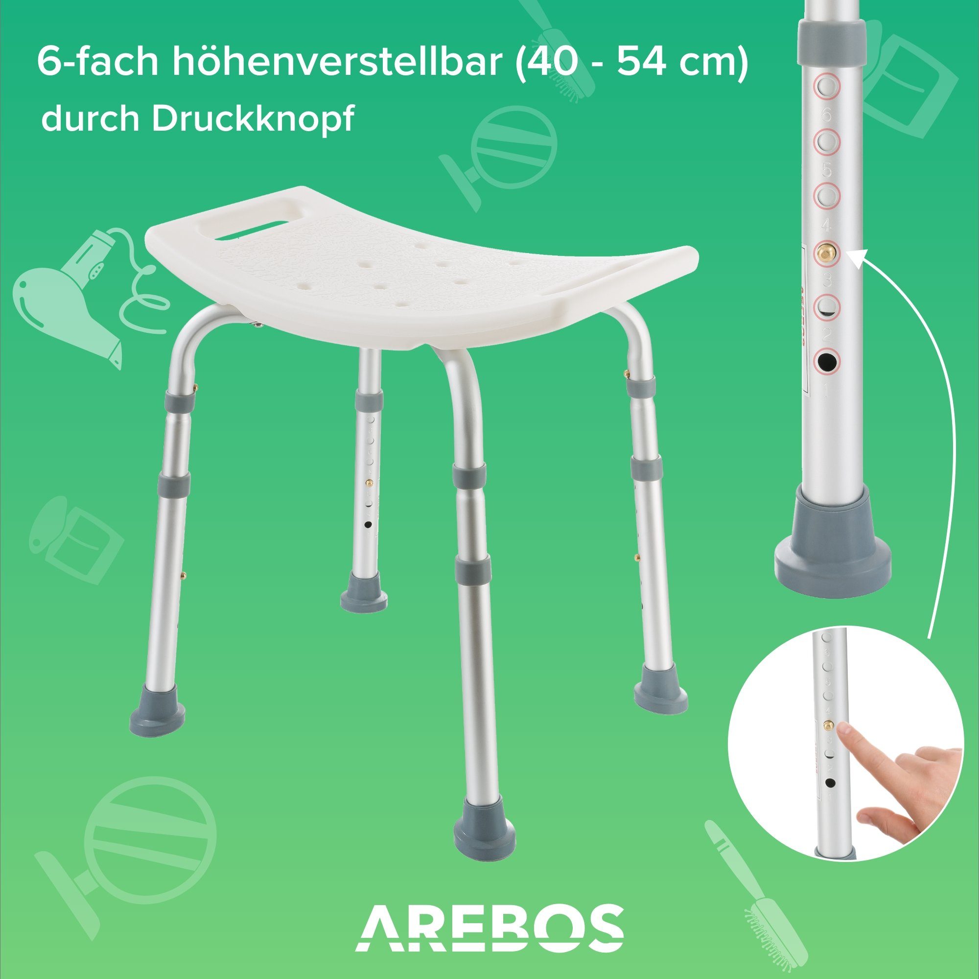 Arebos Dusch- und Badhocker Höhenverstellbar, Aluminium-Rahmen, Anti-Rutsch-füße, belastbar bis 100 kg, Gummifüße