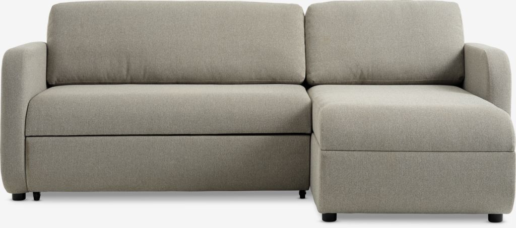 Sofá-cama MOMMARK com chaise longue em tecido bege.