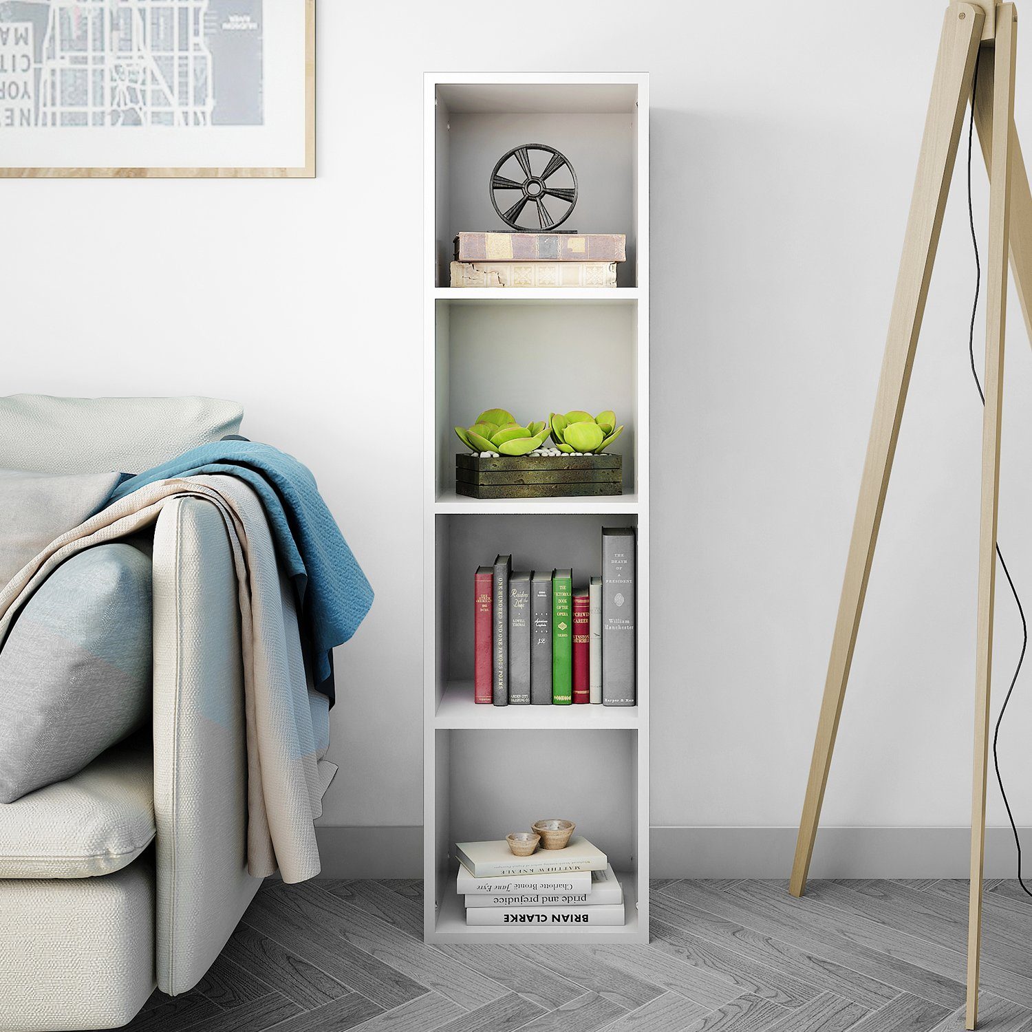 Mondeer Bücherregal Würfelregal, Standregal, Wandregal, Bücherschrank aus Holz mit 4 Fächer, Weiß