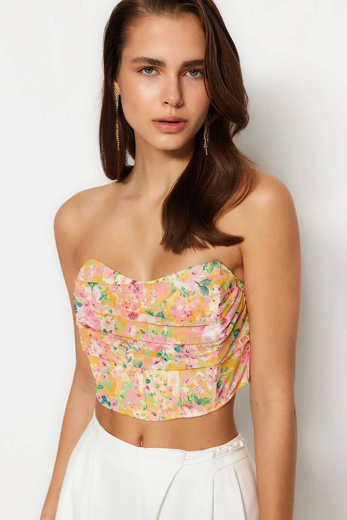 Trendyol Collection  Mehrfarbiges, floral bedrucktes Tüll-Bustier TPRSS23BS00104
