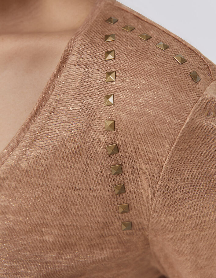 Tee-shirt beige en lin foil détails clous bijous femme
