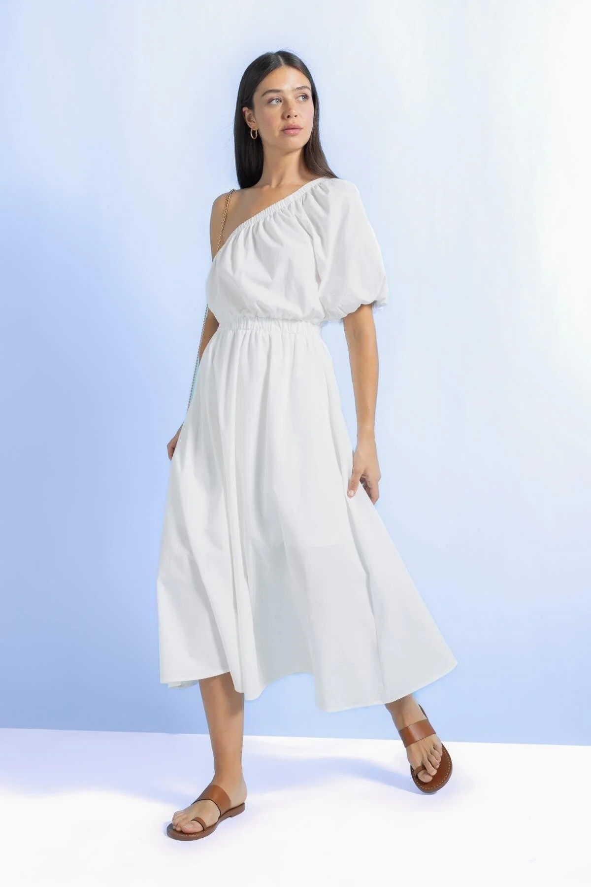 DeFacto  Weißes One-Shoulder-Midikleid aus Popeline - Kurzarm A9416ax23hs