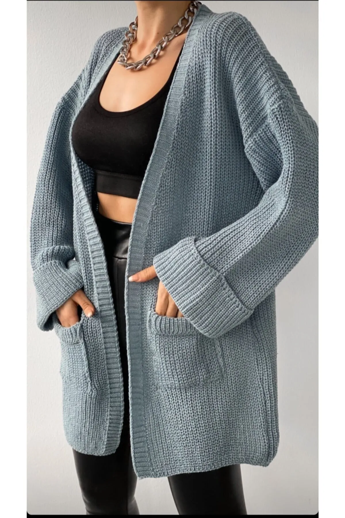 Nazende Stil  Lose Strick-Cardigan für Damen mit gefalteten Ärmeln und Taschen