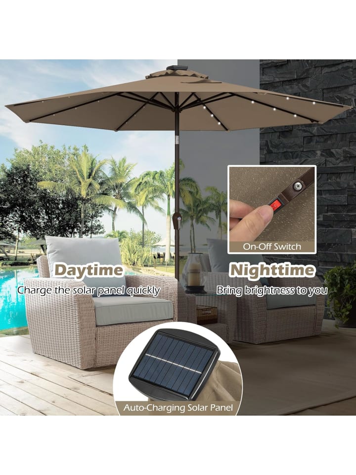 COSTWAY Sonnenschirm 300 cm mit LED-Solar-Beleuchtung in Braun günstig kaufen onesize