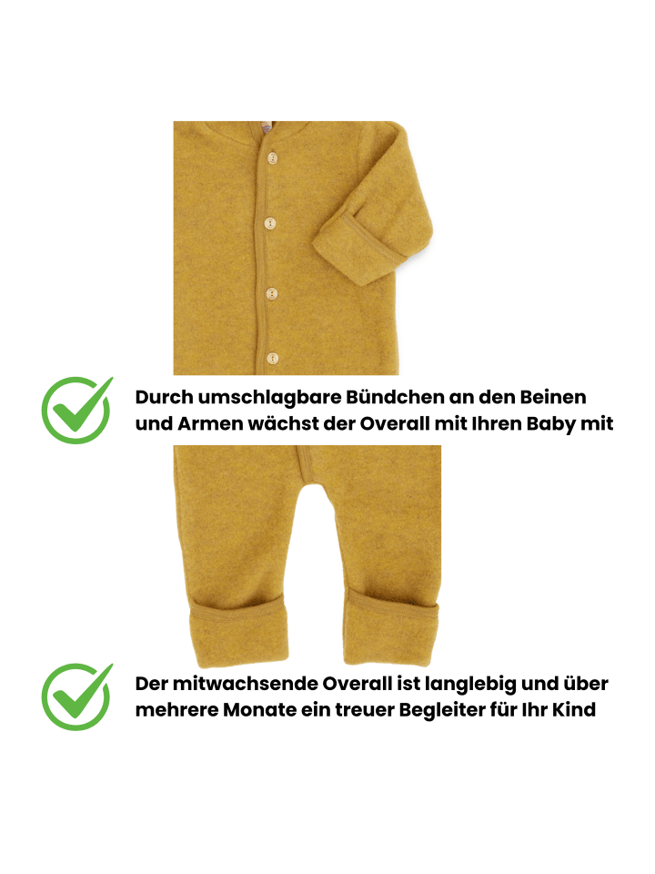 Kinderhaus Blaubär Baby-Overall mit Kapuze, Holzknöpfen & Mulltuch Blaubaer in Safran Melange günstig kaufen 50/56