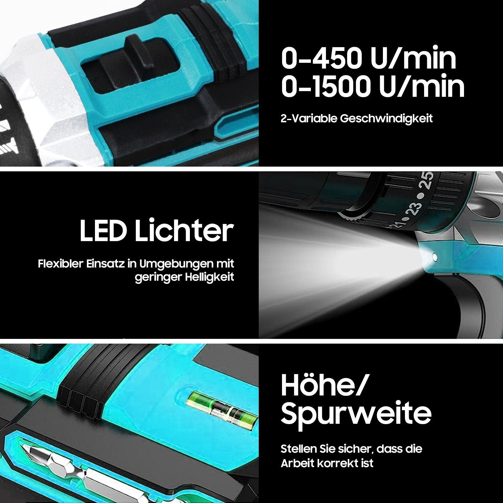 Aoucheni Akku-Bohrschrauber Akku-Schraubendreher Set, 21V Akku-Bohrschrauber mit 2 Akkus, max. 1350,00 U/min, Led Light, mit Akku Ladegerät und Werkzeugkoffer