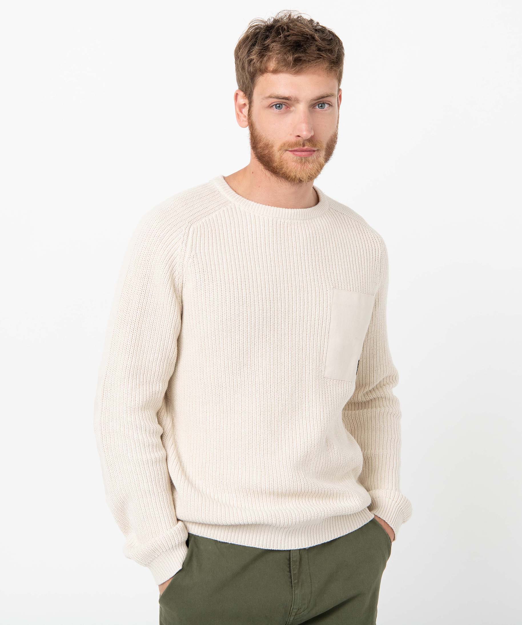 Pull homme uni en grosse maille avec empiècements ecru | GEMO
