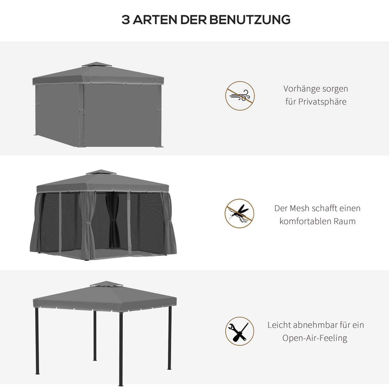 Outsunny Gartenpavillon Pavillon 2,96 x 2,96 mit Doppeldach Moskitonetz Alu