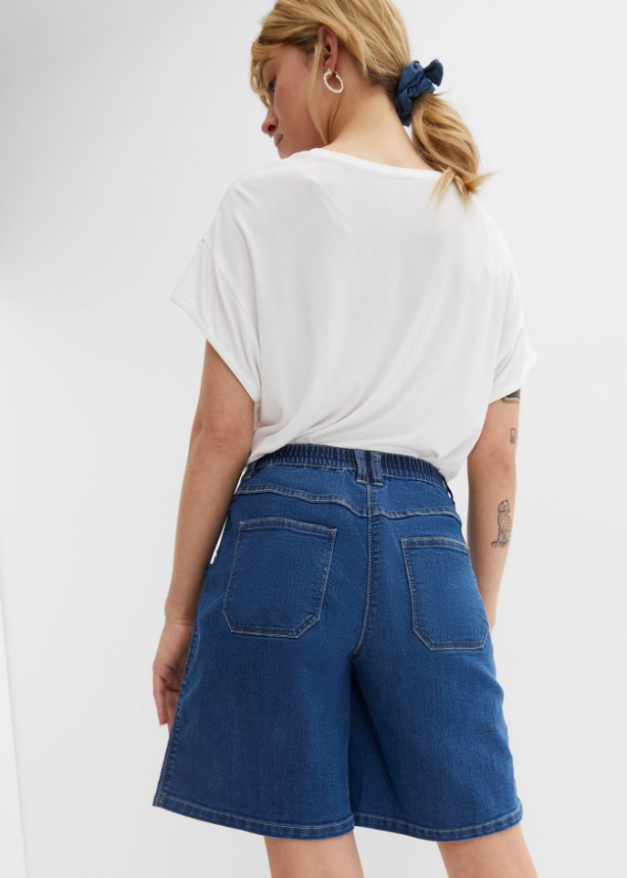 High-Waist-Jeans-Bermuda mit großen Taschen und Bequembund