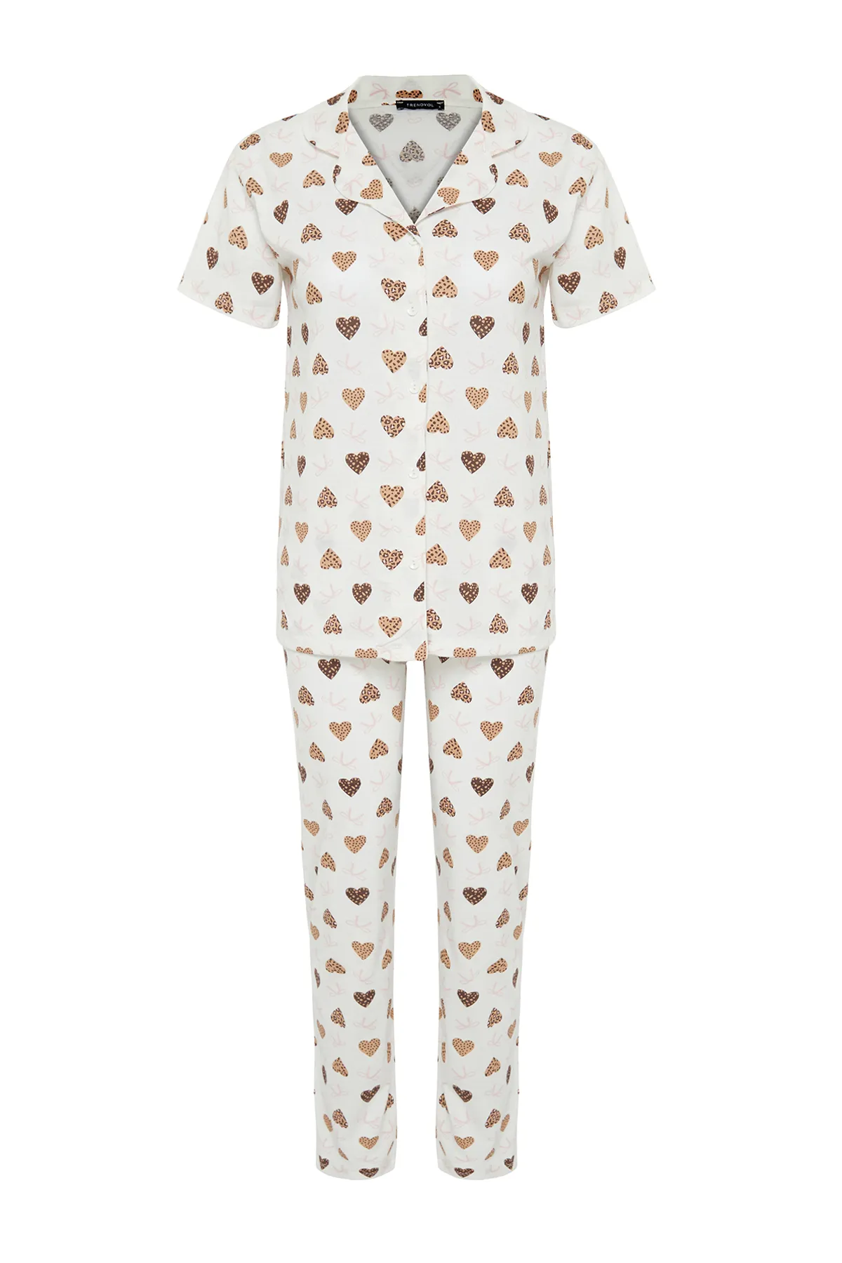 Trendyol Collection  Ecrufarbenes Pyjama-Set aus Baumwollstrick mit Herzen THMSS24PT00338