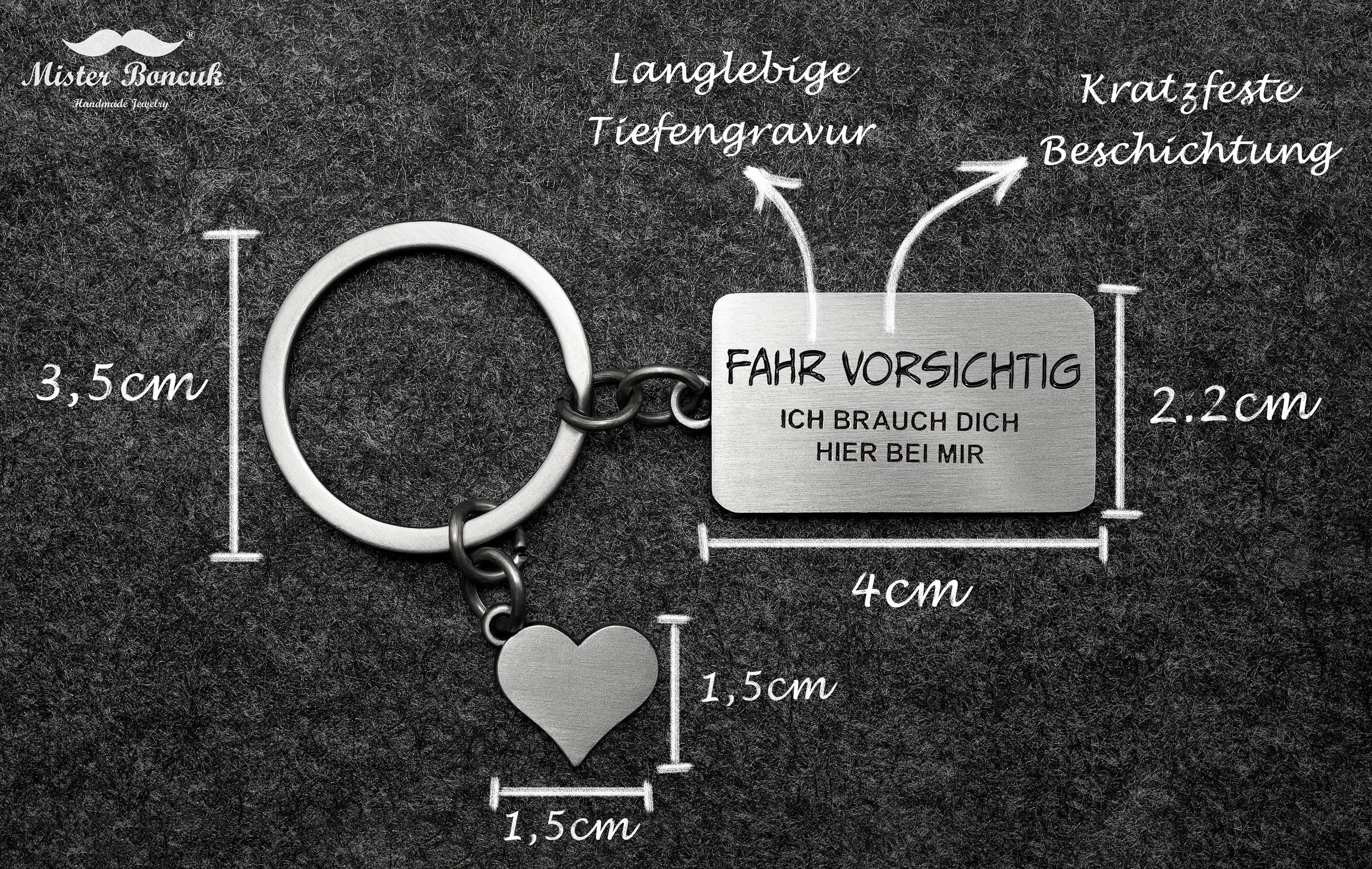 Mister Boncuk Handmade Jewelry Schlüsselanhänger Fahr Vorsichtig mit Herz Anhänger für den Schlüsselbund (Glücksbringer Anhänger mit Gravur), Metall, Gravur