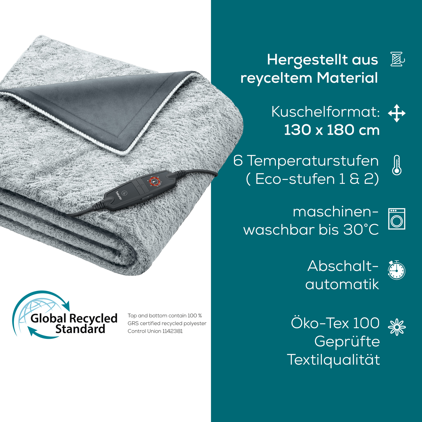Beurer HD 75 Nordic Grey Green Planet Wärmezudecke-Atmungsaktive Kuschel-Heizdecke in trendigem Grau mit anschmiegsamer Ober- und Unterseite aus 100 % recycletem Material
