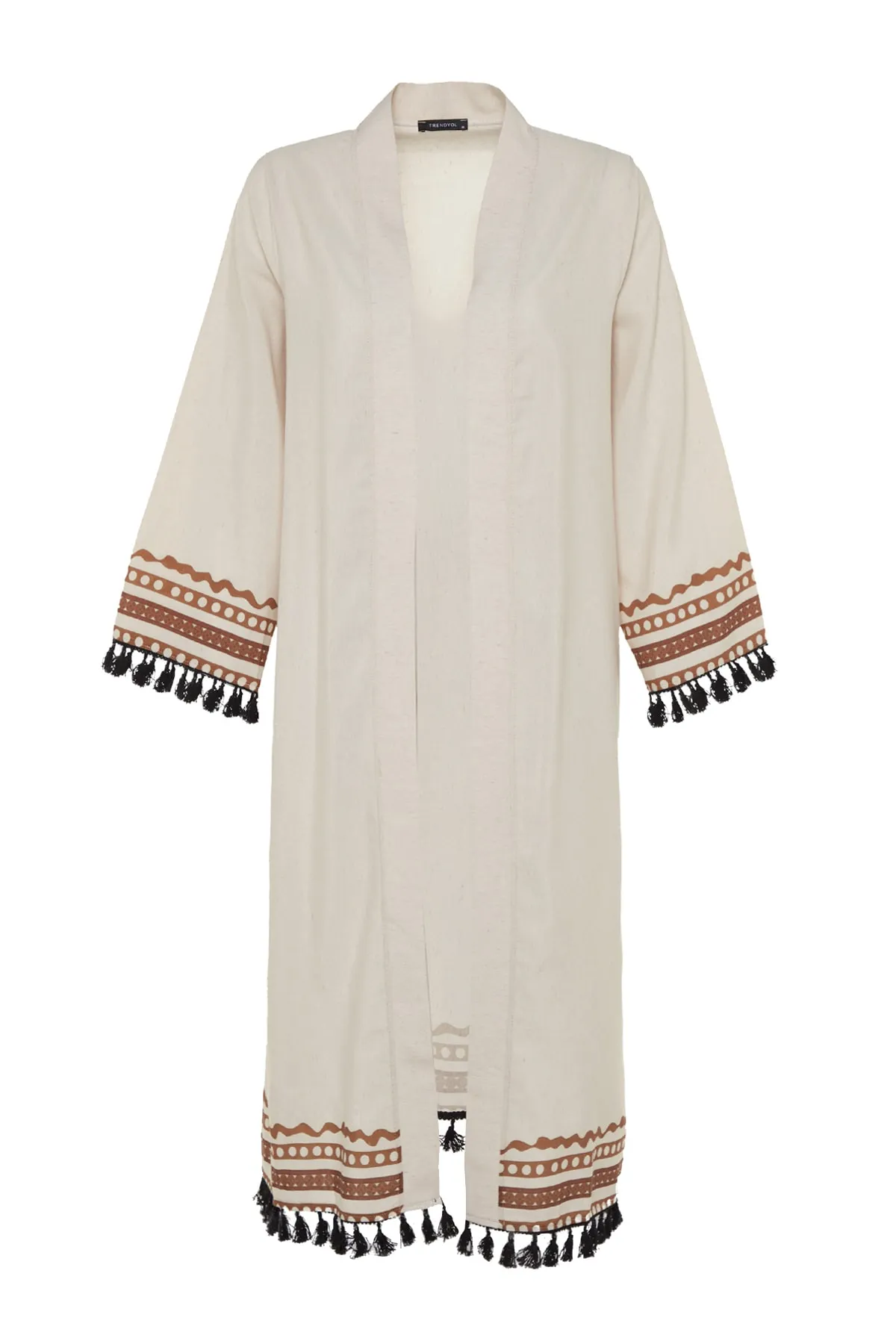 Trendyol Modest  Beiger, ethnisch gemusterter, langer, gewebter Kimono und Kaftan aus Baumwollmischung TCTSS23KK00012