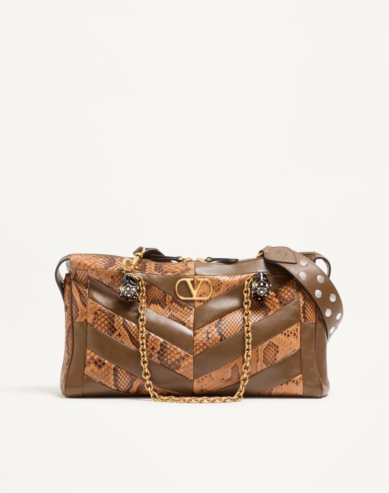Valentino Garavani Panthea Mellemstor Skuldertaske i Python og Nappa med Chevron-motiv