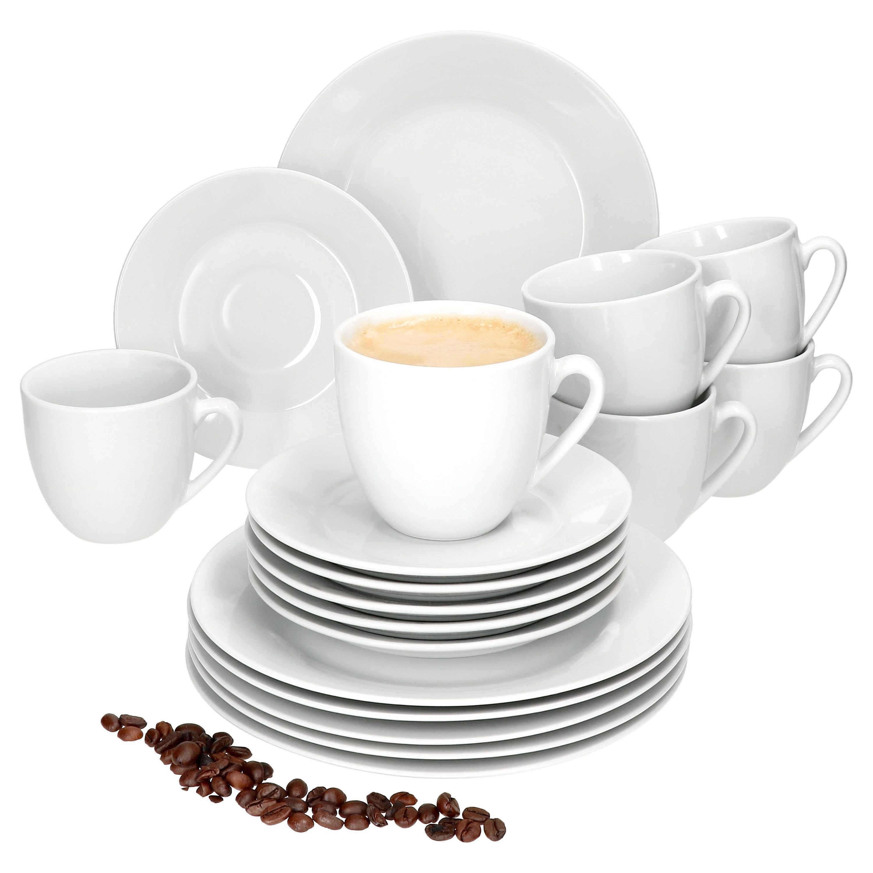 MamboCat Kaffeeservice 18tlg Kaffeeservice Tommy weiß Porzellan 6 Personen Dessertteller, Porzellan