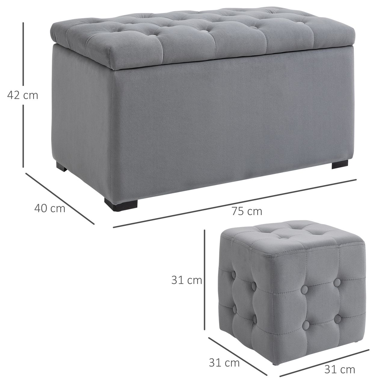 HOMCOM 3 tlg.Sitzbank mit Stauraum 2 x Sitzhocker Polster Mikrofaserstoff Grau
