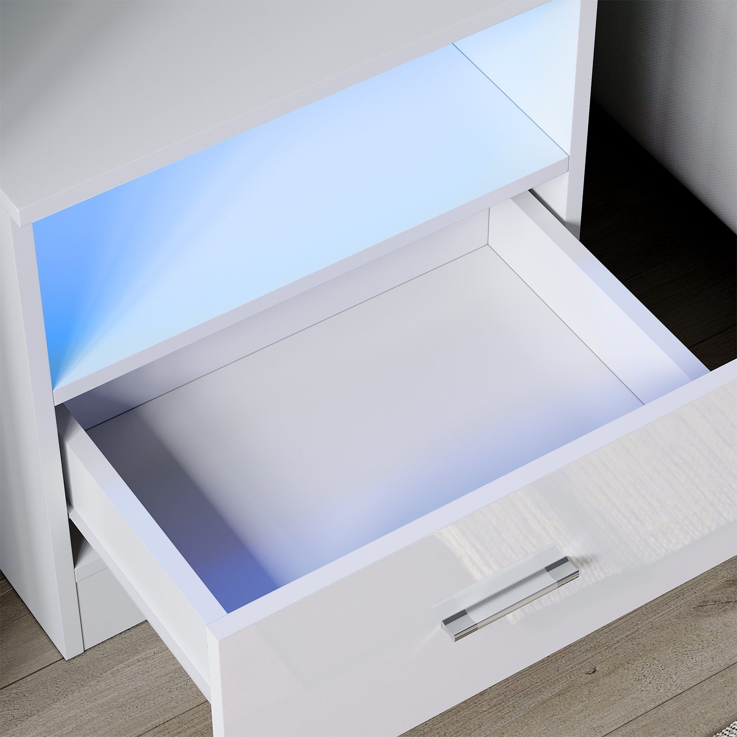 SONNI Nachtkonsole Nachttisch mit led beleuchtung,schublade 45x35xH46.5cm, Nachtkommode weiss hochglanz, 45cm breit