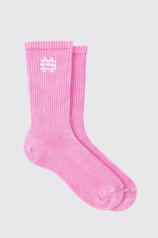 Pinke Socken mit Acid-Waschung und Bm-Stickerei