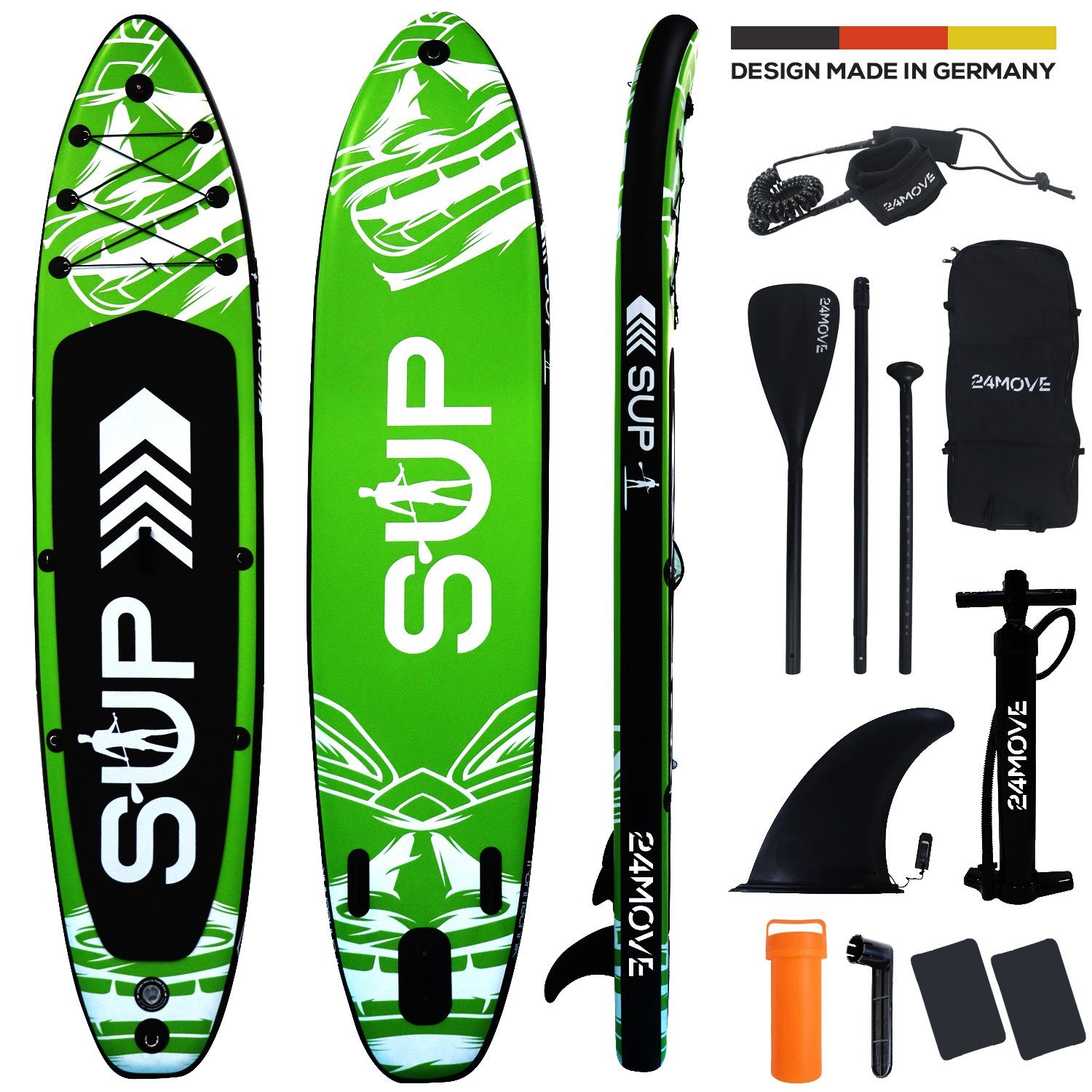 24Move SUP-Board Supboard Set, Premium Stand Up Paddleboard aufblasbar, inkl. Zubehör, Longboard, (Rucksack, Paddel, Action Cam ready, Doppelhub Pumpe, Sicherungsleine, 6 tlg., für Kinder & Erwachsene, GRÜN, 366x80, bis 200 kg), mit Drop Stich Techno