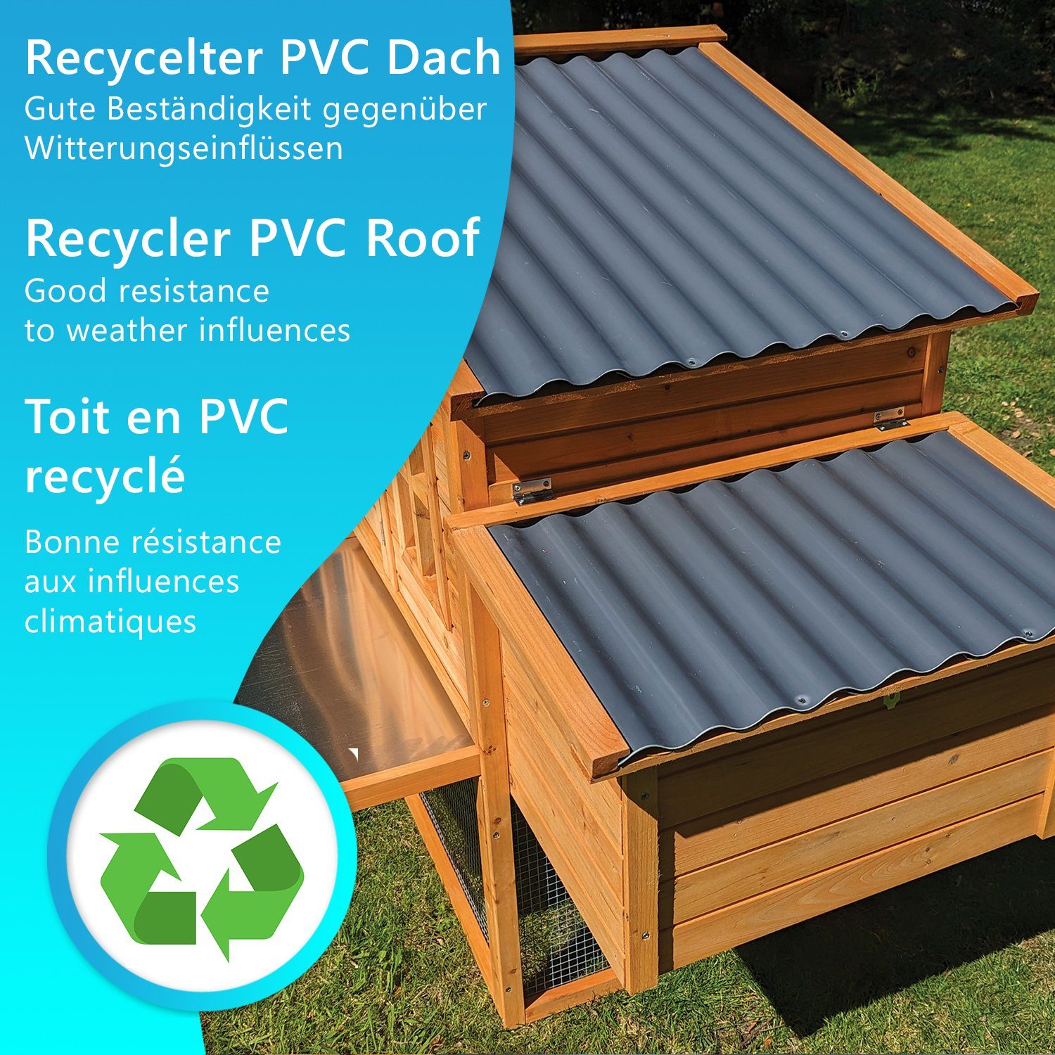 NYVI Hühnerstall Hühnerhaus XXL Liese 180x62x119 cm – Hühnerstall mit recyceltem Dach, Imprägniertes Holz, winterfest, mit Auslauf, mit PVC Dach