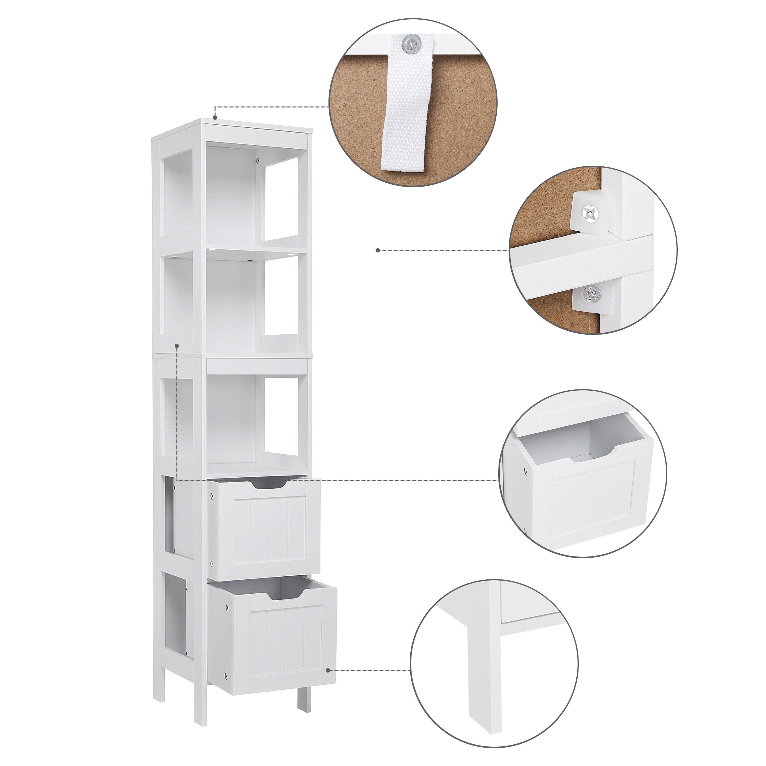 Mondeer Badkommode Badezimmerschrank, Hochschrank, Badschrank, mit 2 Schubladen und 3 offenen Regal