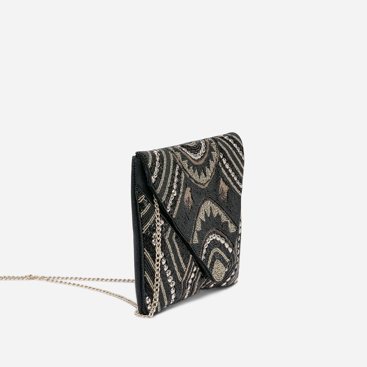 Sac pochette TEXTO noire textile brodé