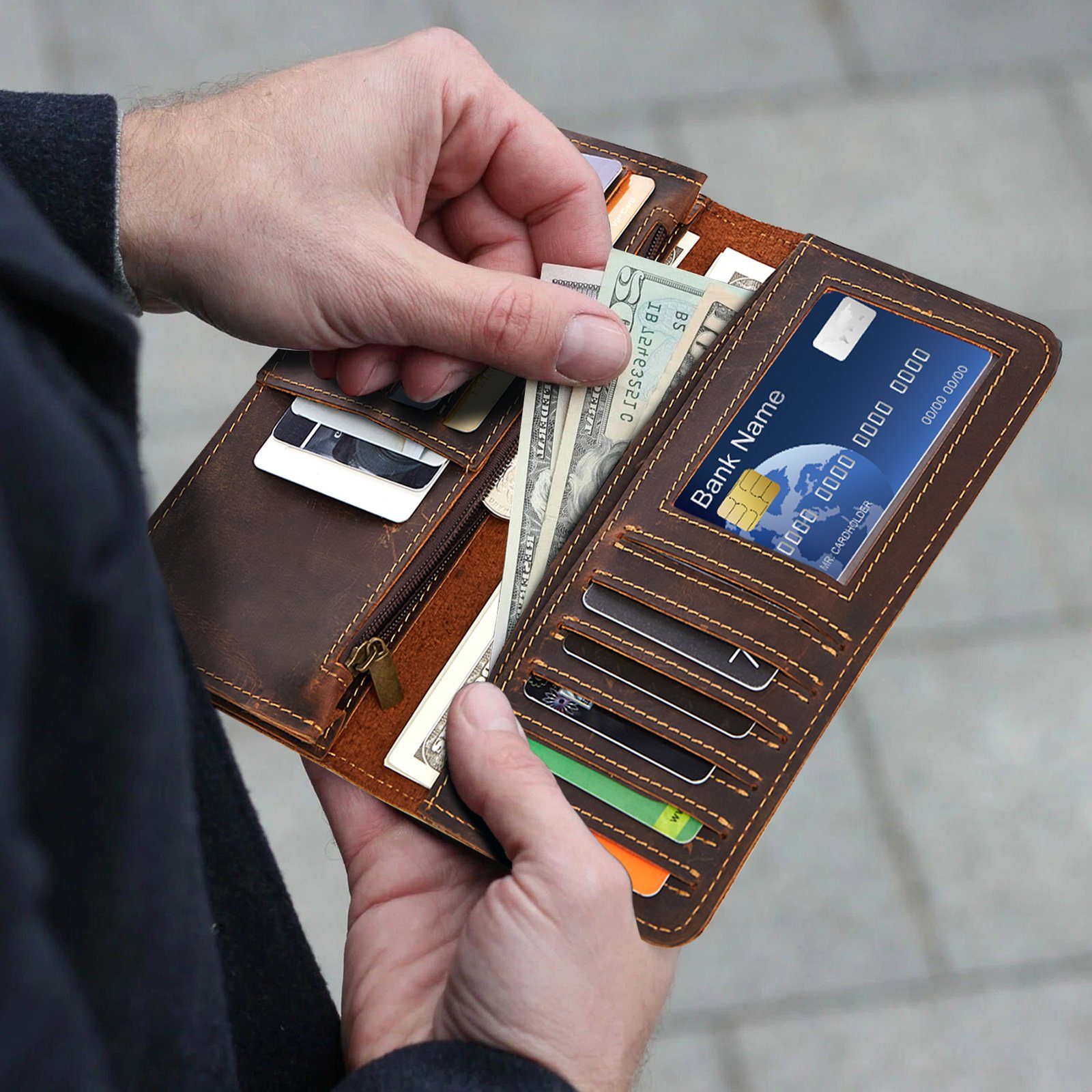 TAN.TOMI Geldbörse Echtleder Geldbörse Gross Geldbeutel Lang Portemonnaie Vintage Herren, mit RFID Schutz, Groß Reißverschlussfach und Viele Kartenfächer