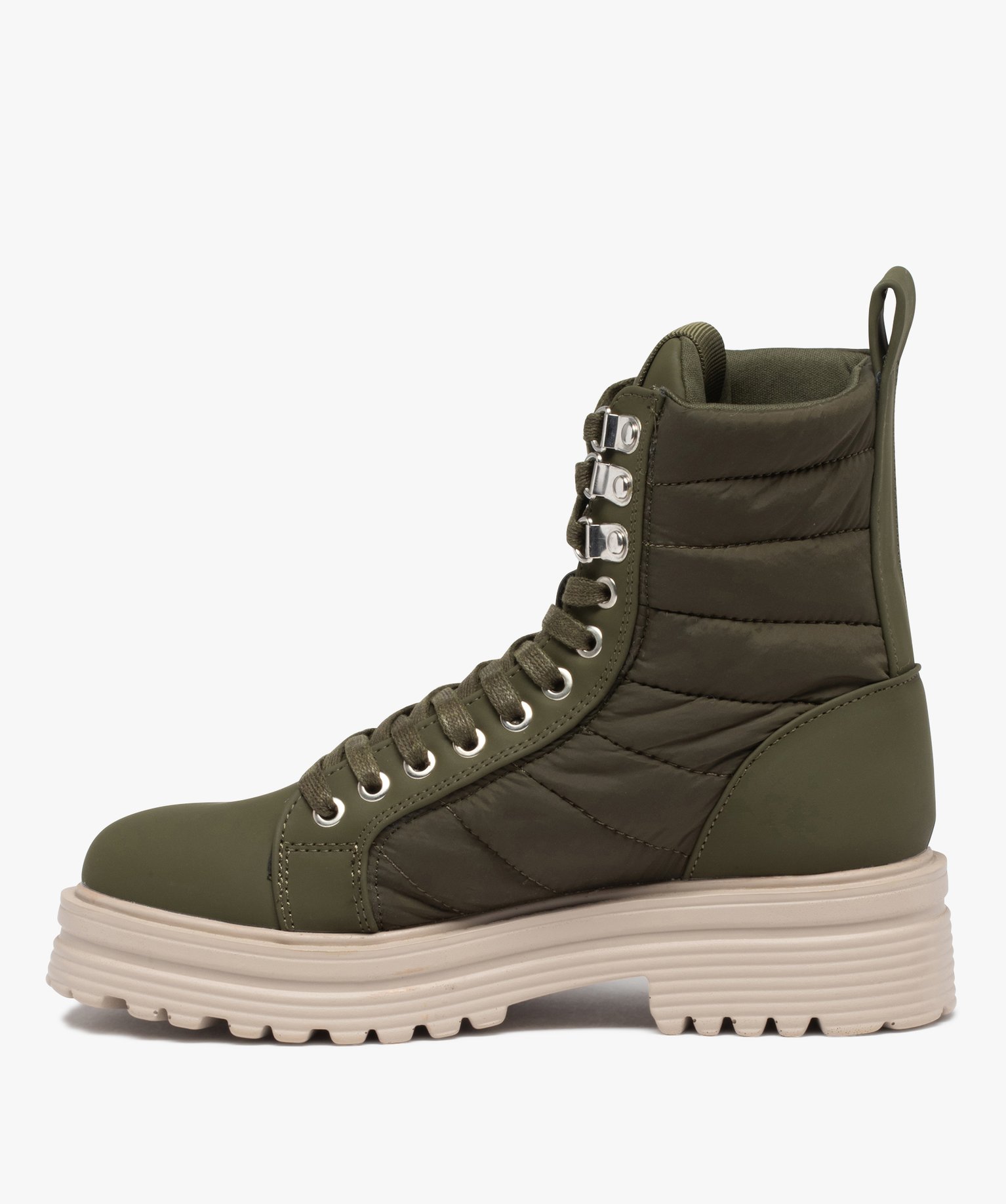 Bottines femme à lacets dessus textile matelassé kaki | GEMO