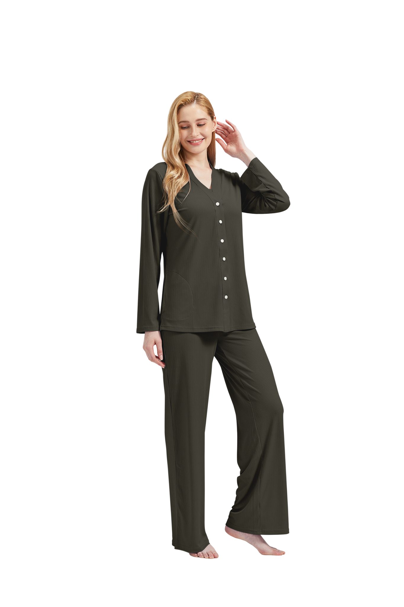RAIKOU Schlafanzug Damen Pyjama-Set Damenwäsche V-Ausschnitt (Set, 3 tlg) incl.Jacket Top Hose