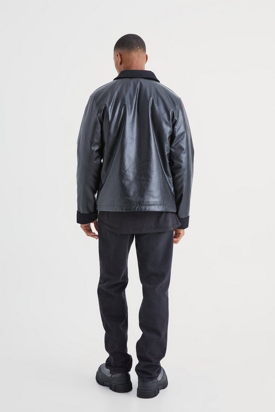 PU Harrington-Jacke mit Kord-Detail