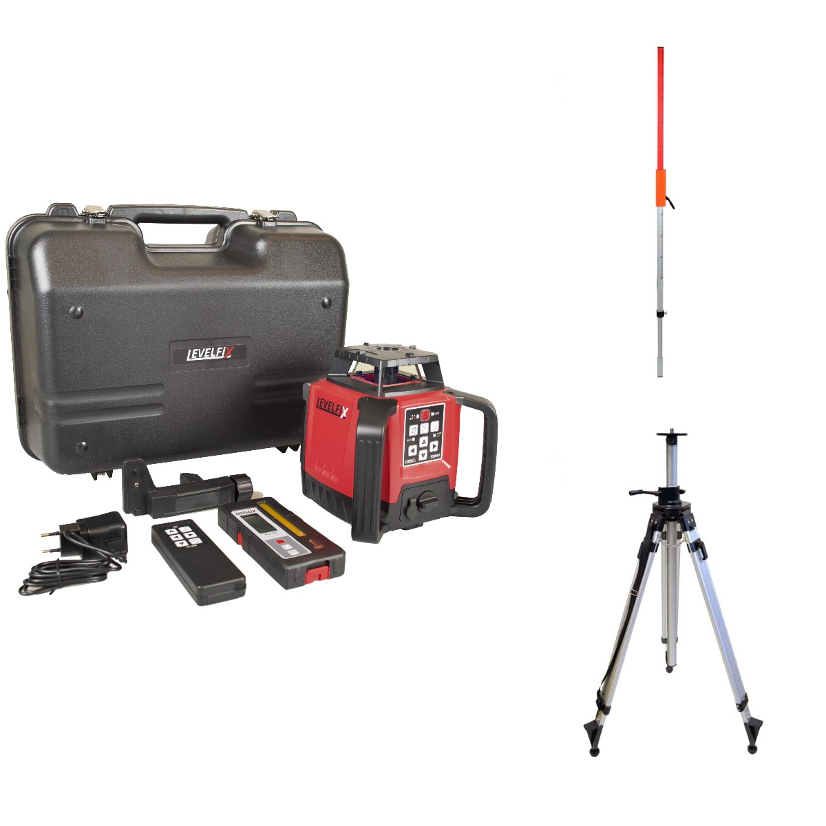 Levelfix 554521 550HV SET 2 Višenamjenski građevinski laserski nivelator crveni + mjerna letva + uvlačivi stativ 2,70 m
