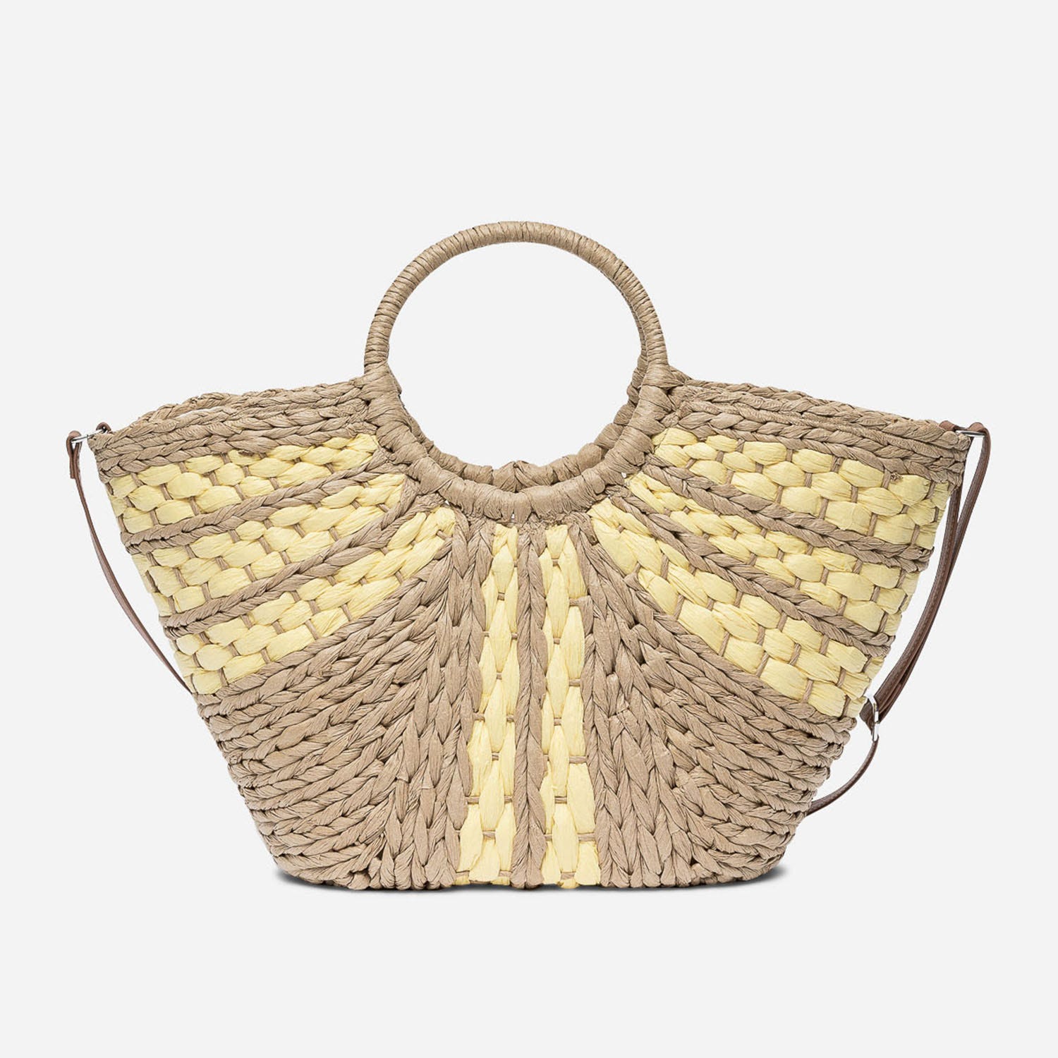 Panier beige foncé et jaune en papier tressé avec bandoulière