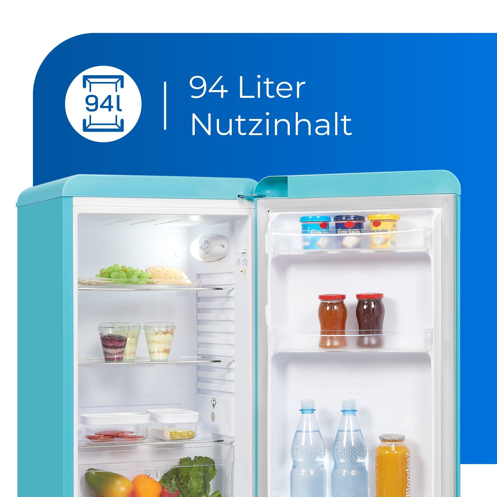 exquisit Vollraumkühlschrank RKS100-V-H-160F, 90.5 cm hoch, 48 cm breit, stylischer Retro-Kühlschrank mit 94 Liter Kühlfachvolumen