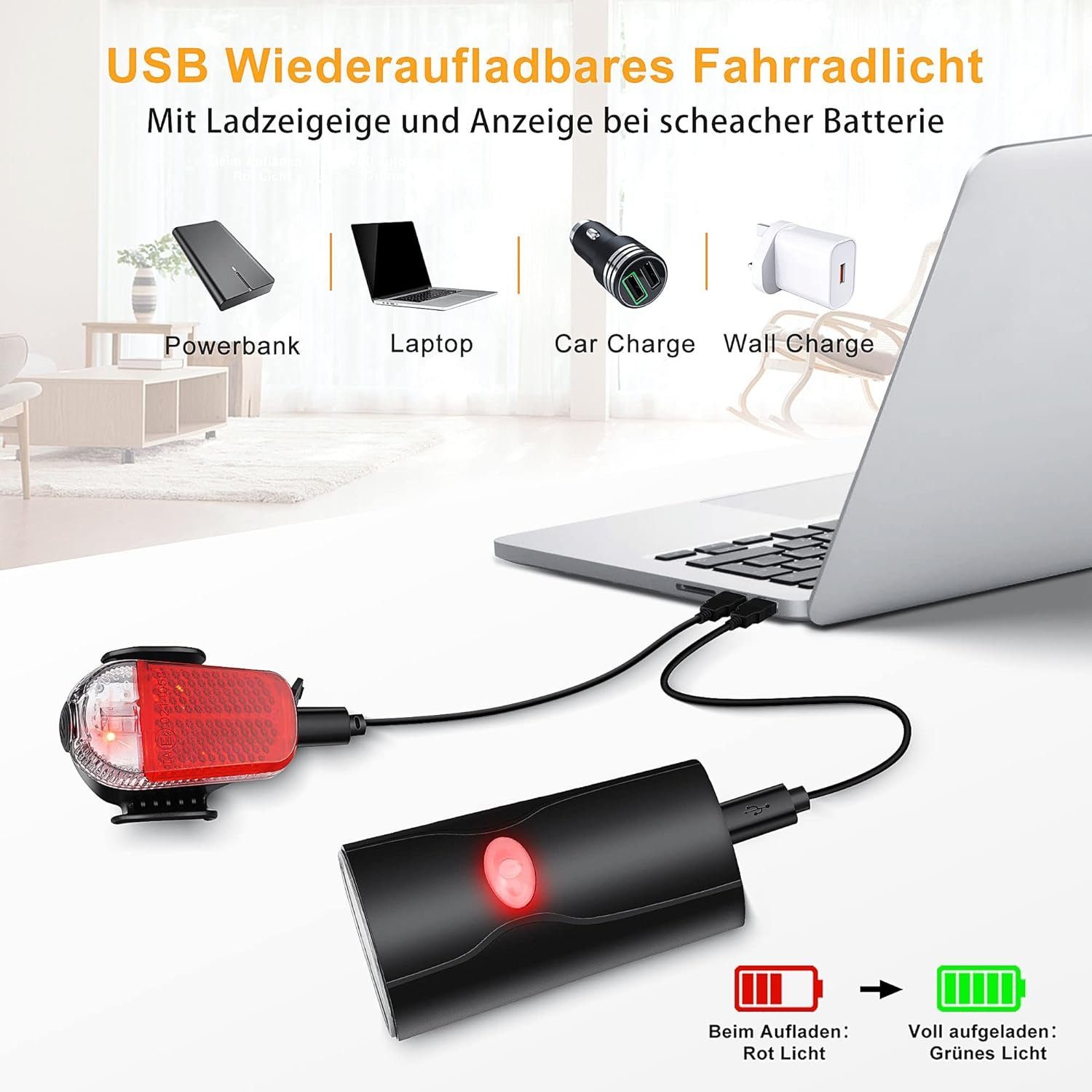 ASLENY Fahrradbeleuchtung LED-Fahrradlicht-Set, Wasserdichte Fahrradbeleuchtung, USB-Ladefunktion,Enthält Front und Rücklicht für Kinder und Erwachsene
