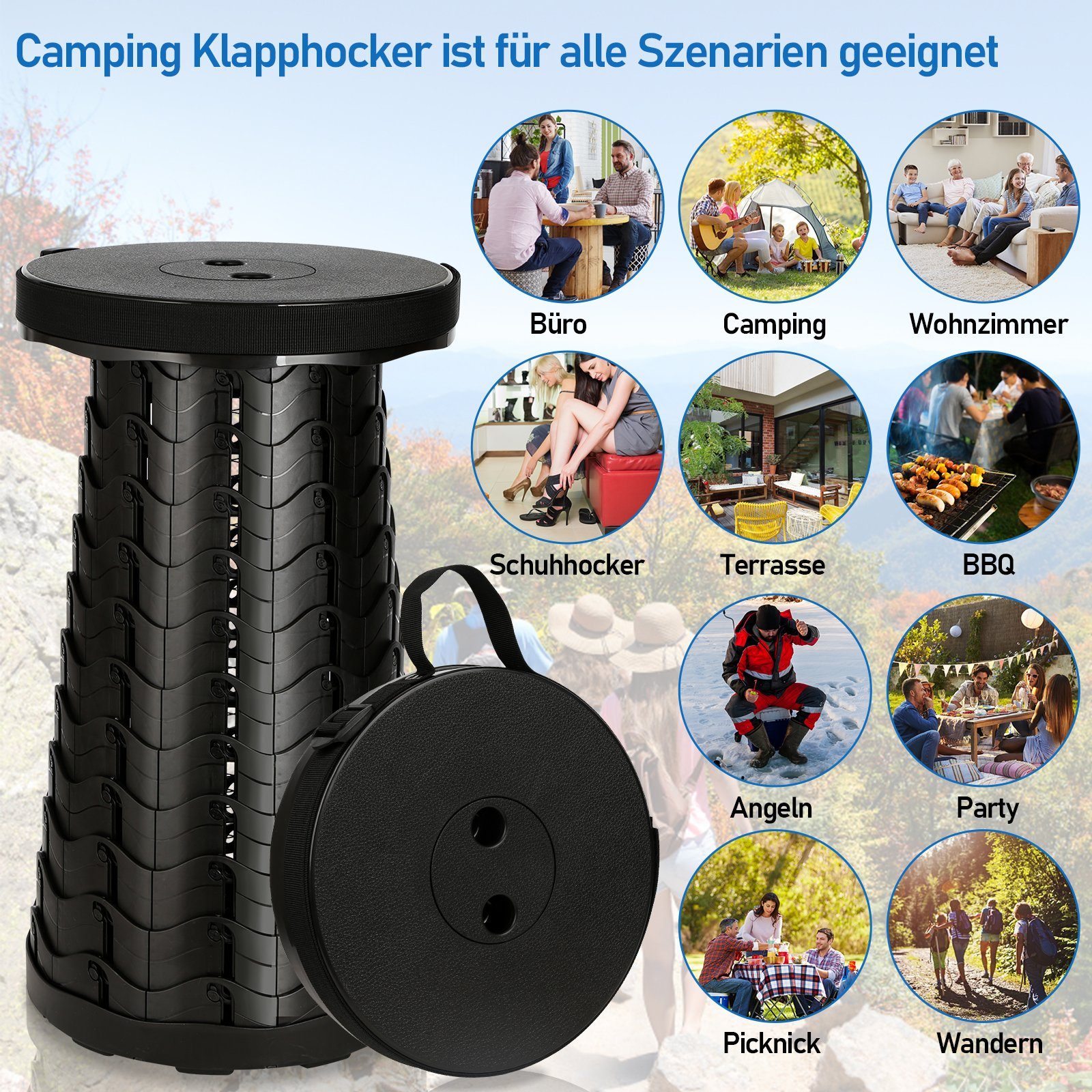 Lospitch Klappstuhl Tragbarer Klappstuhl Klapphocker Hocker Sitz Teleskop Faltbar Schwarz