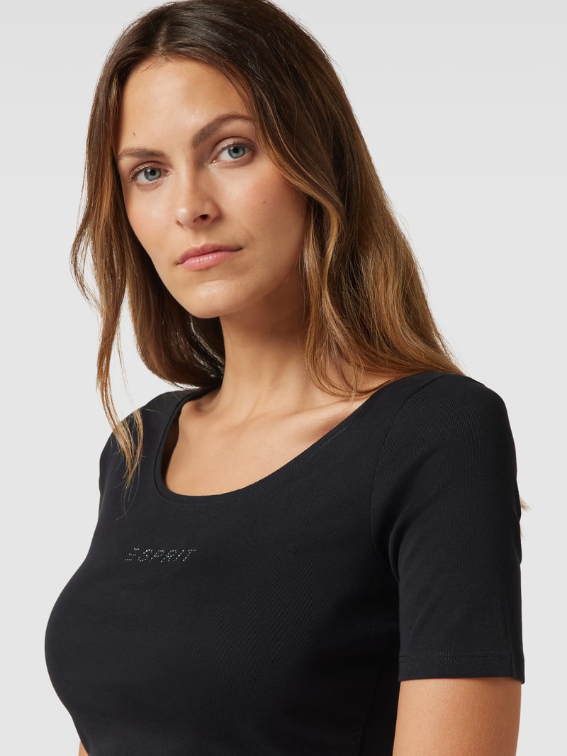 T-Shirt mit Rundhalsausschnitt und Ziersteinbesatz in schwarz