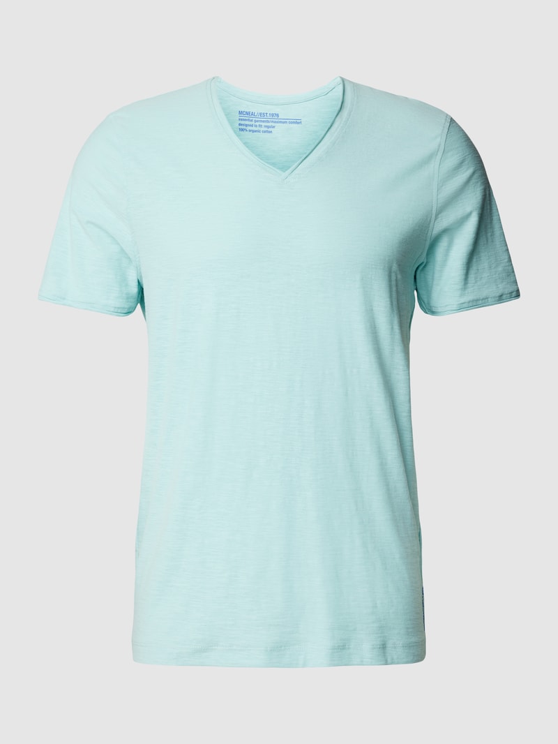 Regular Fit T-Shirt aus Baumwolle mit V-Ausschnitt in helltürkis