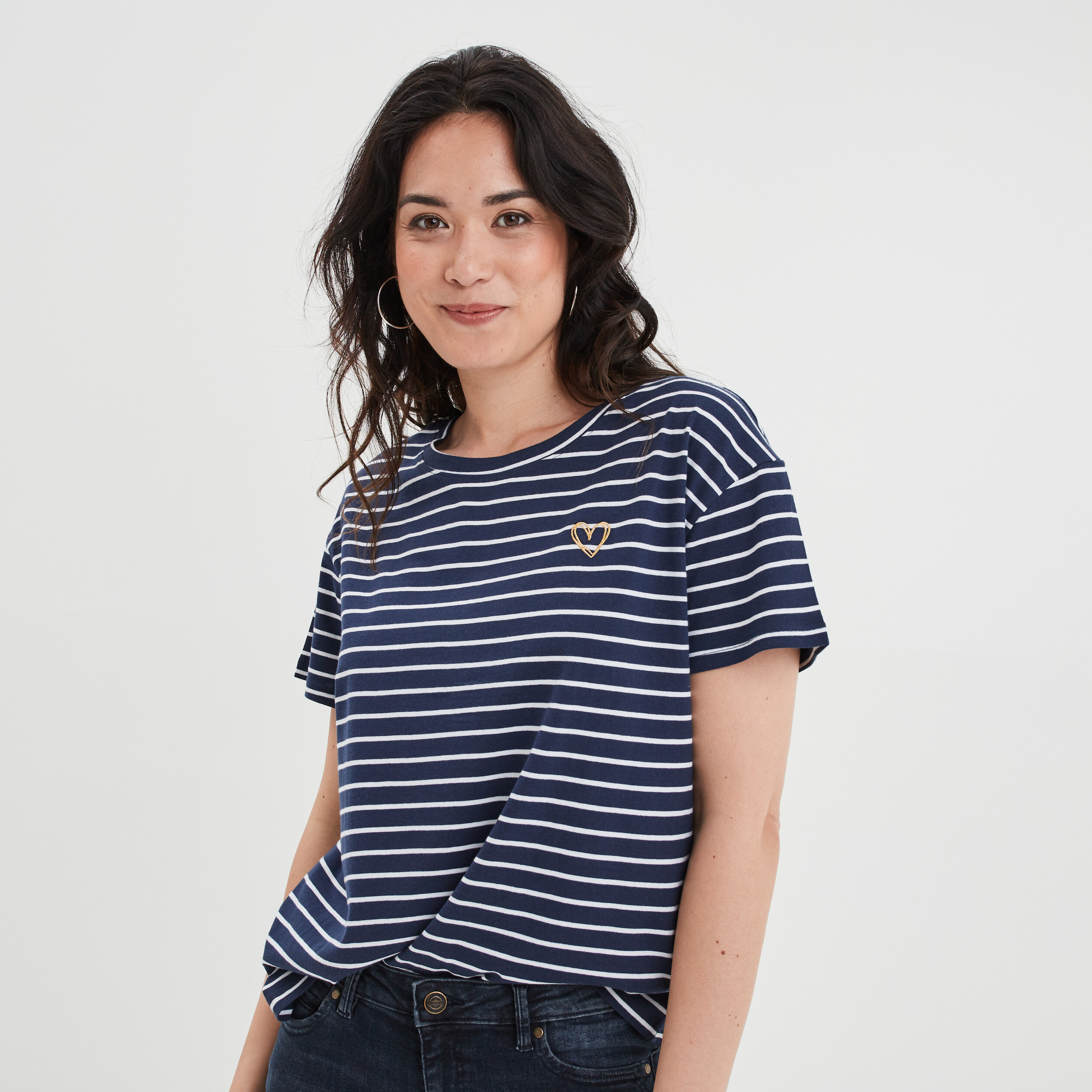 T-shirt oversize broderie devant coton bleu marine femme | La Halle